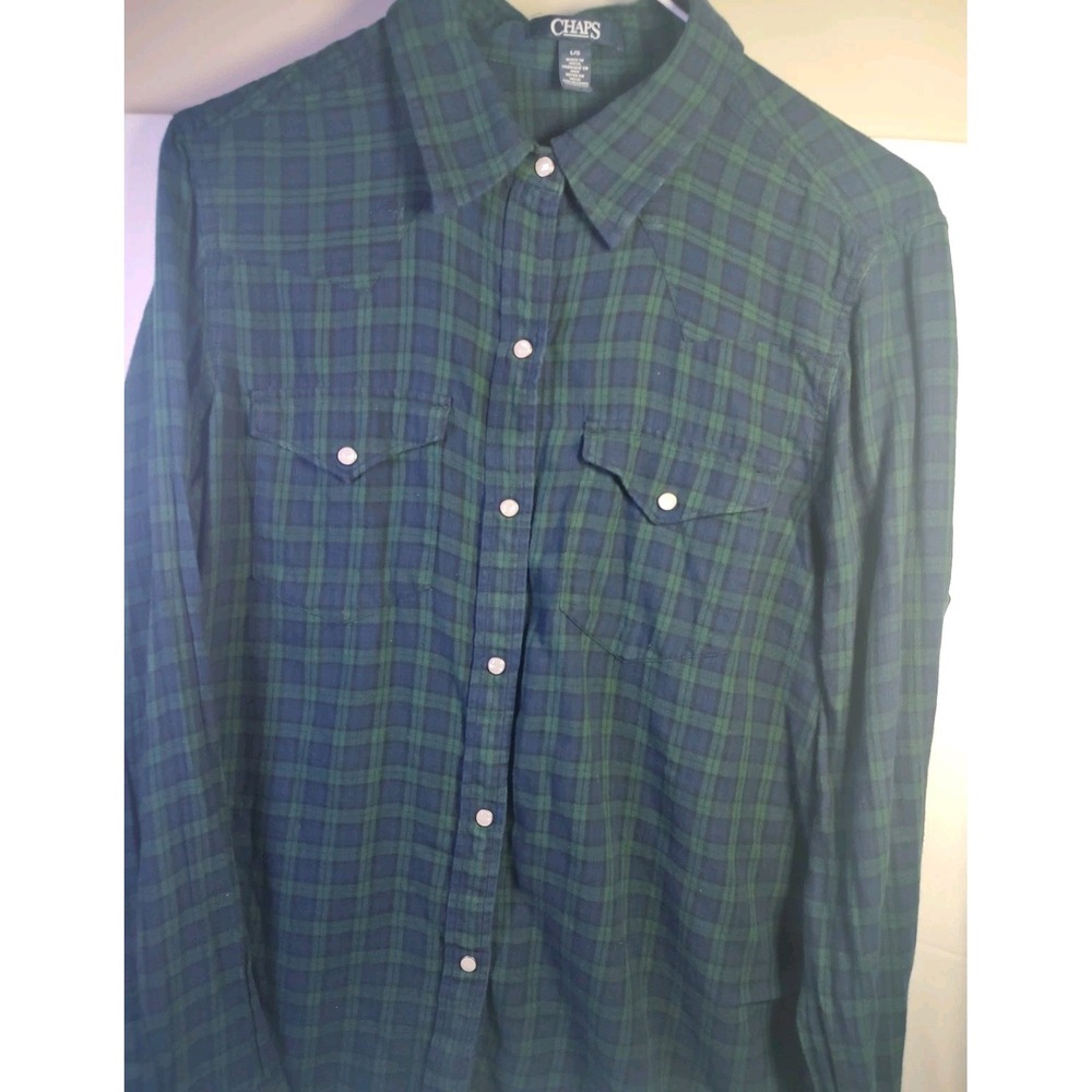 Chaps Flannel Men's Long Sleeve Western Shirt Blue/green Plaid Pearl Snaps Sz L‎